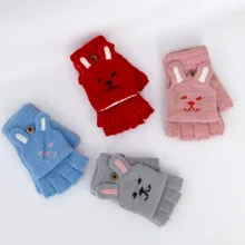 5 Color Winter student outdoor cartoon rabbit thickened warm knitting riding flip Half Finger Plush gloves lovely girl