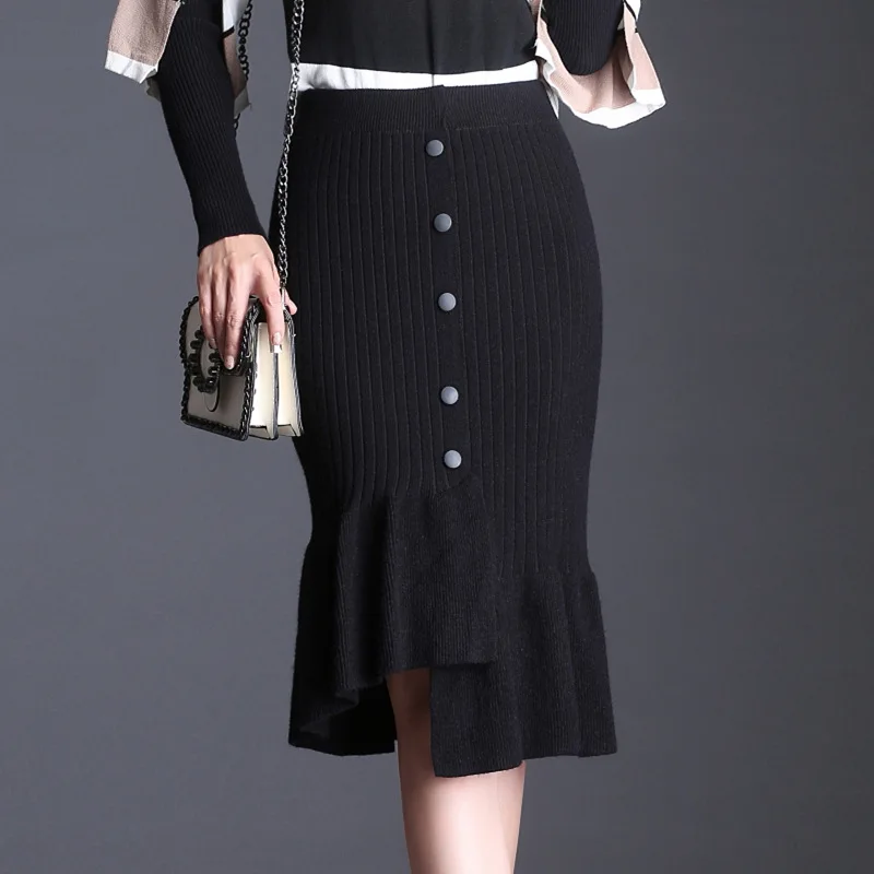 

2019 Autumn And Winter New Style Korean-style High-waisted Sheath Flounced Slim Fit Yarn Half-length Midi-skirt Button One-step