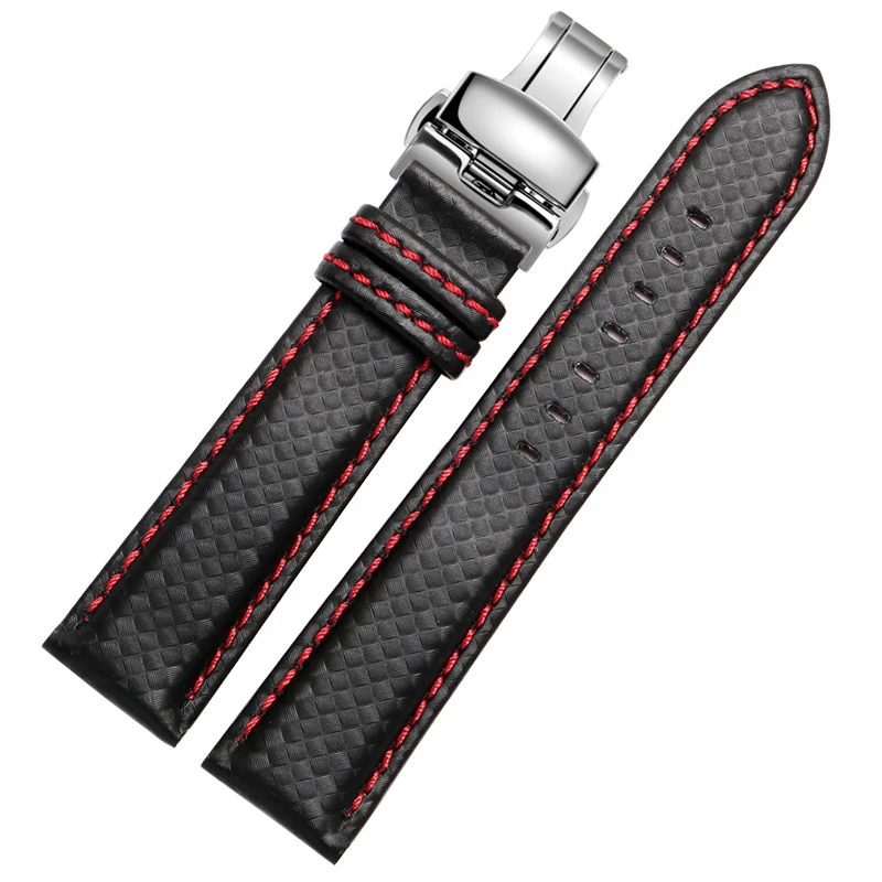 Men's Carbon Fiber Watch Strap with Red Stitching and Leather Lining, Stainless Steel Clasp