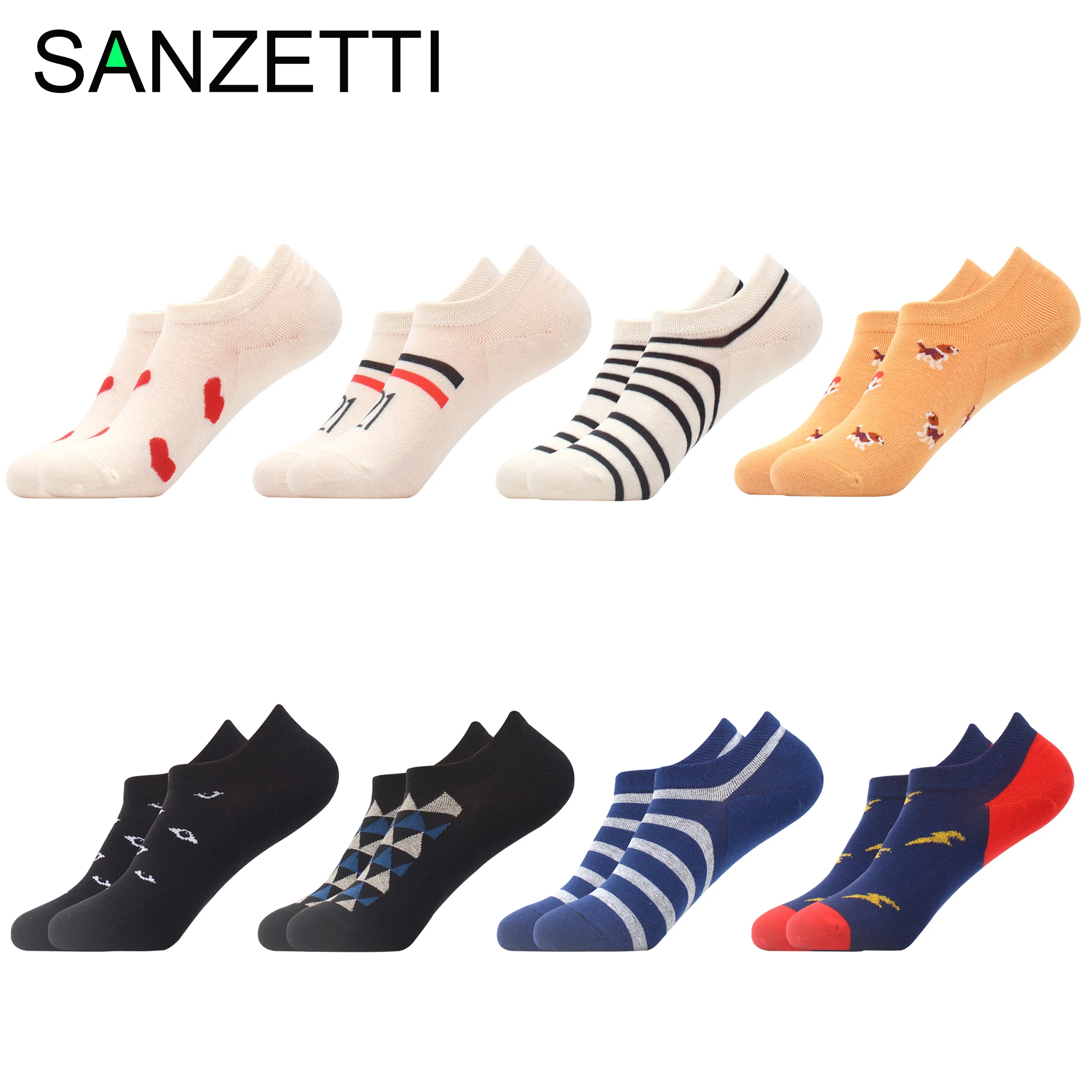 

SANZETTI 8 Pairs Women's Socks Invisible Socks Boat Sock Hip Hop Colorful Stripes Geometric Combed Cotton Happy Novelty Gift
