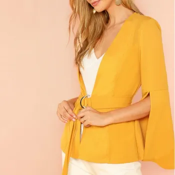 

2019 Women Autumn V-Neck Elegant Slim Blazers Casual Flare Long Sleeve Office Lady Jacket Patchwork Sashes Lace Up Coat