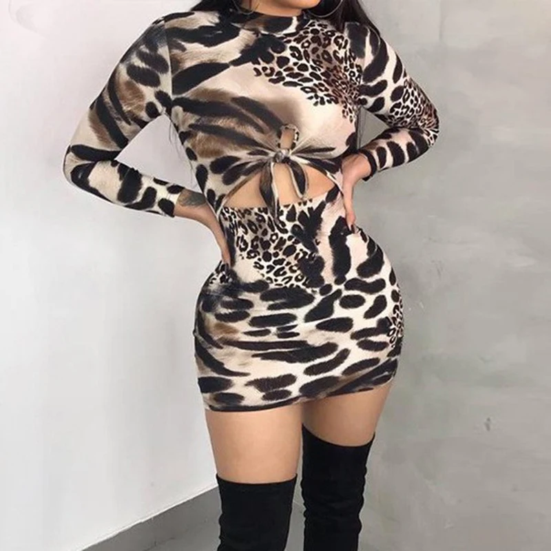 Женское сексуальное облегающее платье с высоким воротником и леопардовым