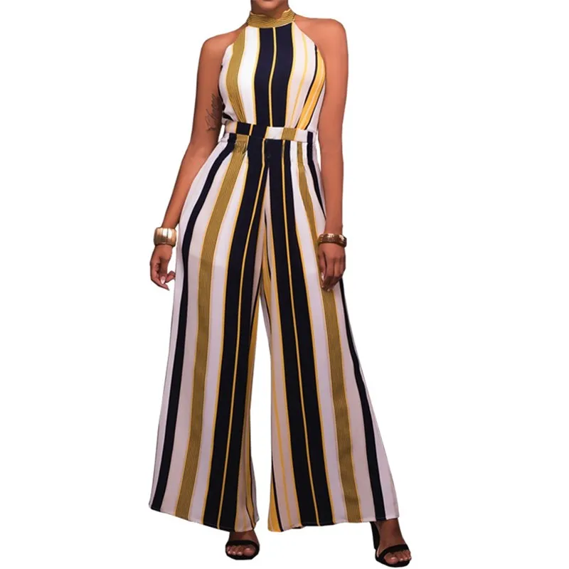 

Yesexy 2020 Sexy Sleeveless Halter Striped Jumpsuits Women Summer Long Women Rompers Ladies Office Wide Leg Loose Overalls MQ337