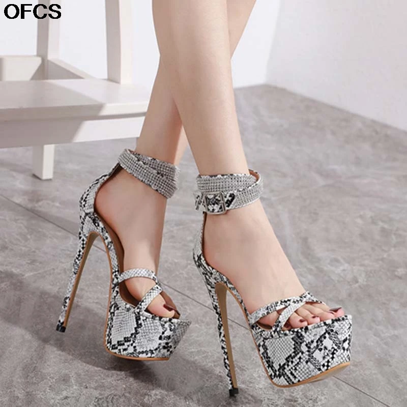 

Women High Heel Sandals 17CM Heels Snake Prints Women Sandals With Platform Sexy Peep Toe Slides Shoes Party Pumps Shoes size 40