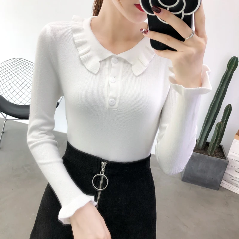 2019 Women Flare Sleeve Ruffles Sweaters Winter elastic Slim Ladies knit Soft Pullovers female Tops fashion jumpers cardigan for women