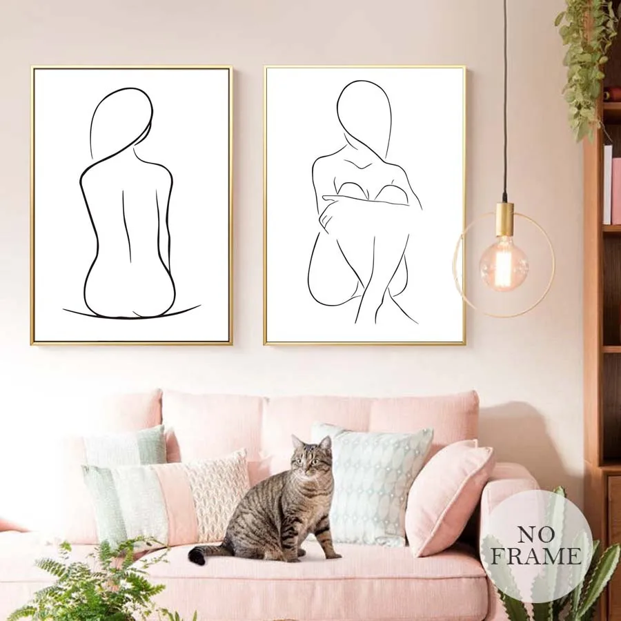 Женщины сидя линия рисунок силуэт минималистичный Арт холст плакаты современная