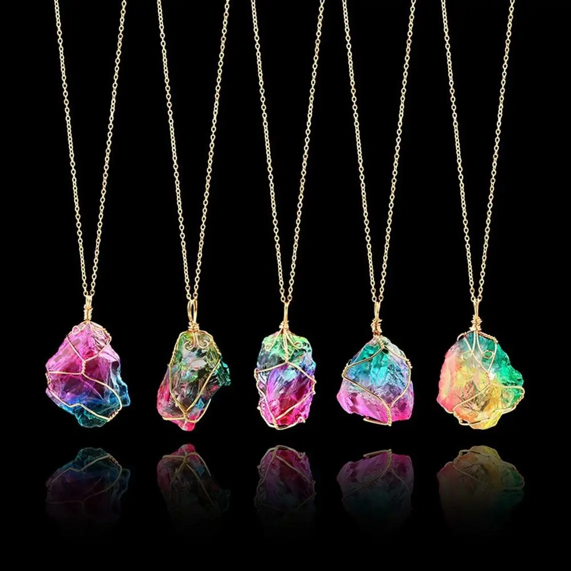 Rainbow Stone Pendant Necklace, Fashion Crystal Chakra Rock Necklace, Golden Color Chain Quartz Pendant Necklace for Women