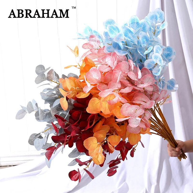 

80cm 5 Fork Silk Eucalyptus Leaves Artificial Tree Branch Colorful Fake Plants High Quality Tree Floliage For Wedding Home Decor