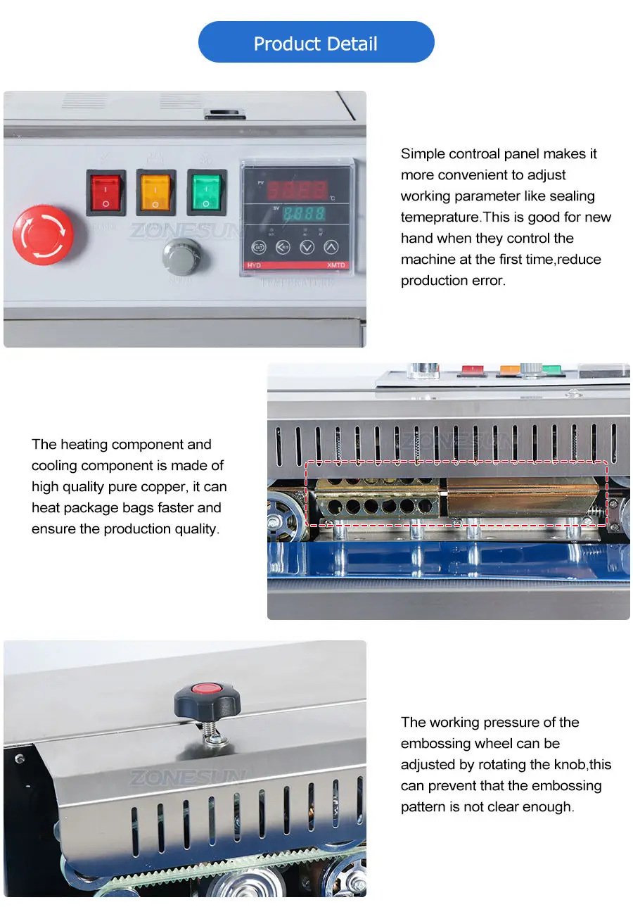 ZONEPACK FR-900 Automatic Continuous film sealing machine, plastic bag package machine, Expanded food band sealer