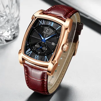 

Top Luxury Brand Watches Men Waterproof Business Fashion Genuine Leather Quartz Men Watches Roman Numerals Calendar Unique Clock