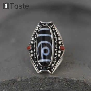 

ONE TASTE 925 Sterling Thai Silver TIBETAN dZI BEAD Agate Men's Ring Fine Jewelry Ethnic Vintage Marcasite Open Rings Party Gift