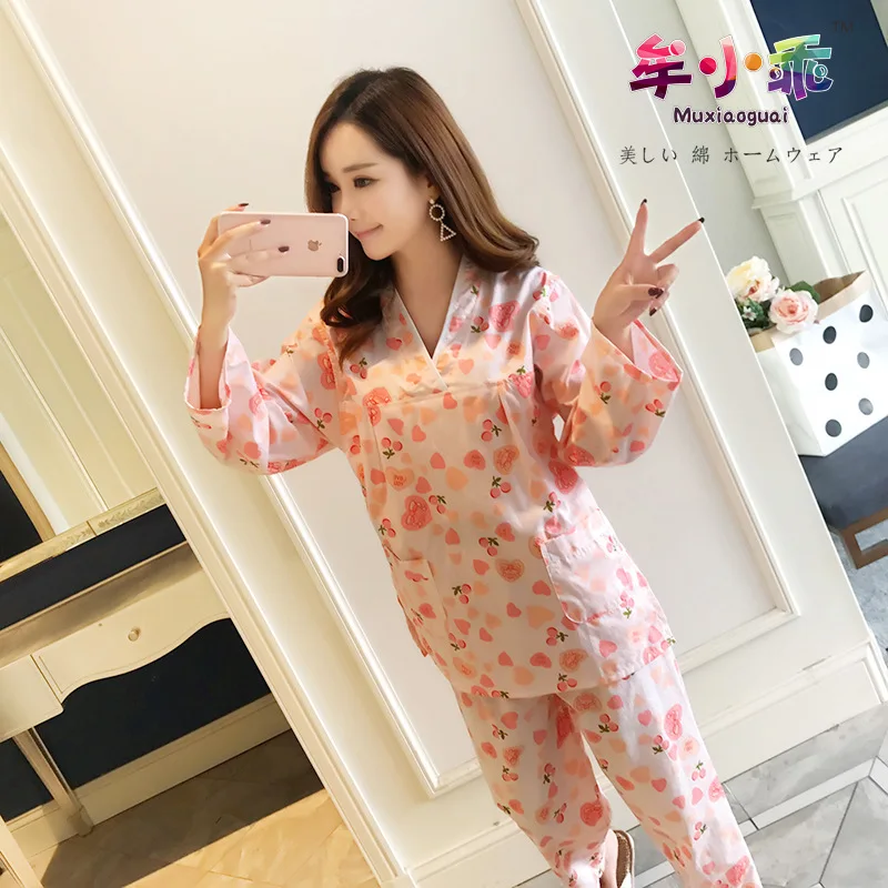 

Korean-style Sweet Cute Fresh Bathrobe Winter Long Moisture-wicking Clothing Women's 100% Pure Cotton Tracksuit Pajamas Double L