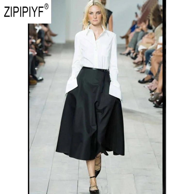 Hot Selling Fashion Women Sets Turn Down Neck Long Sleeve White Blouse Top Ball Gown High Waist Long Street Style Skirts Z2784