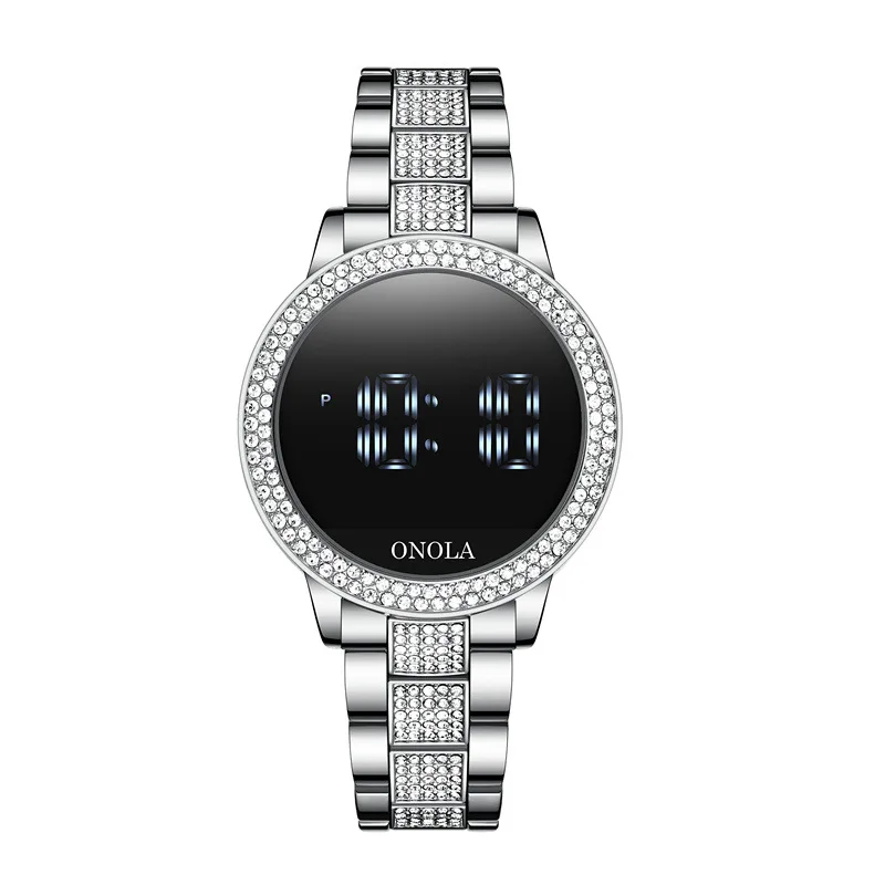 Fashion full diamond touch screen Led display ladies waterproof steel band quartz movement electronic watch business watch 
