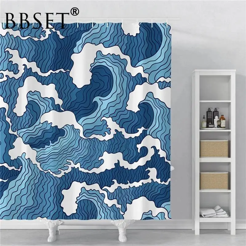Japanese Style Shower Curtain Hand Drawn Blue Waves Pattern Waterproof