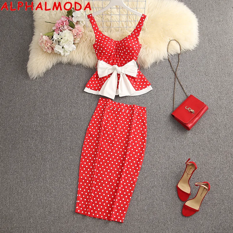 ALPHALMODA 2021 Women's Ruffled Sweet Bow Sashes Slim Top + Back Slit Pencil Skirt 2pcs Fashion Suit |