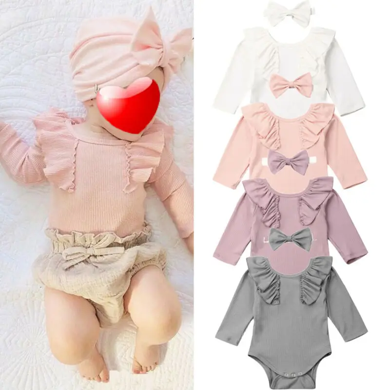 

PUDCOCO Newborn Baby Girl Autumn Clothes Long Sleeve Ruffle Solid Romper Jumpsuit Headband 2PCS Outfits 0-24M