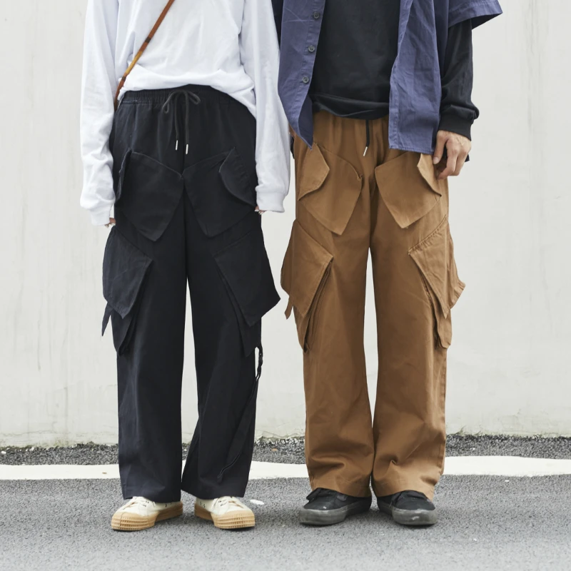 

Harajuku Slanted Pocket Cargo Pants Elastic Waist Straps Jogger Vintage Twill Cotton Pants