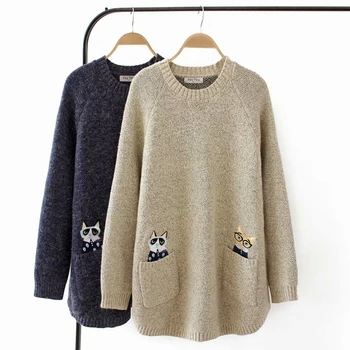 

Casual O neck Jumpers Women Plus Size Embroidery Sweater Autumn Winter Thicken Pockets Pullovers Knitwear YY9570
