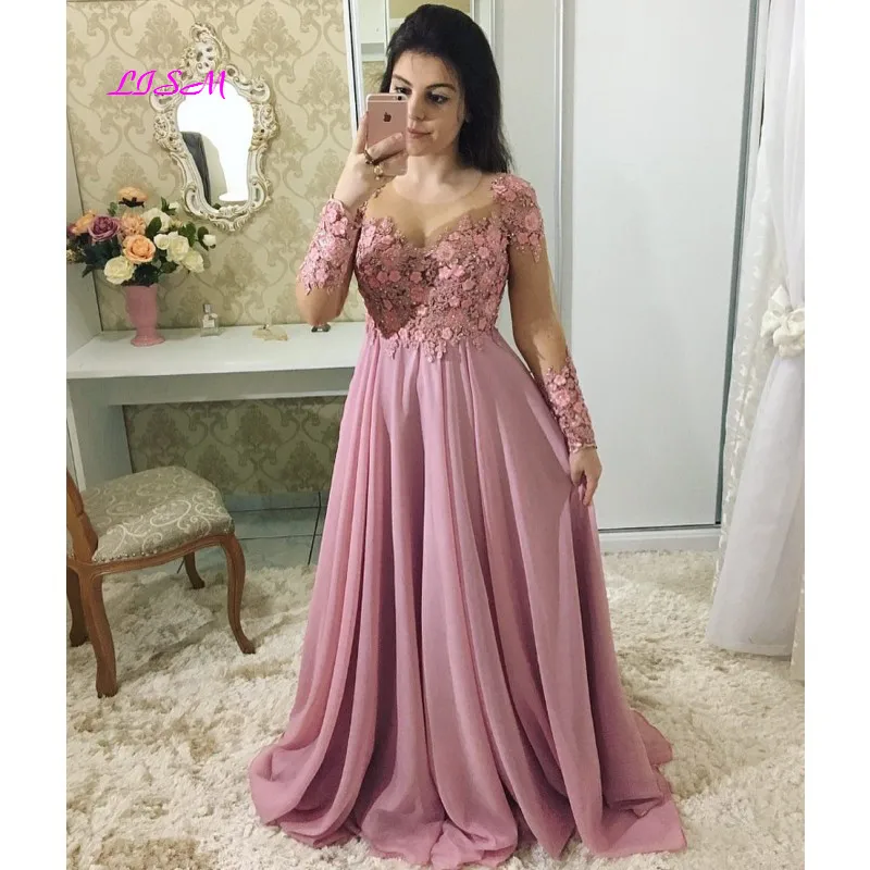 

Plus Size Handmade Flowers Chiffon Prom Dress Long Sleeves Arabic Muslim Evening Formal Gowns Scoop Beaded Party Dresses
