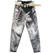 Весна Осень Новые повседневные серые джинсы женские Стрейчевые свободные штаны шаровары размера плюс 26-31