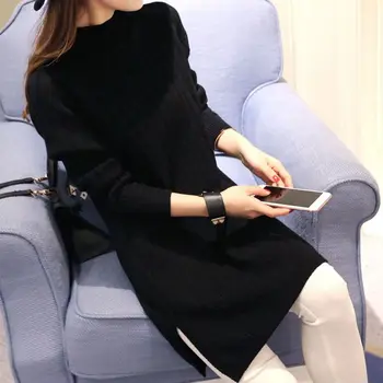 

2019 Women Sweaters Fashion Winter Long Thick Sweaters Half Turtleneck Solid Knitted Tops Split Pullovers Long Sleeve Sweater