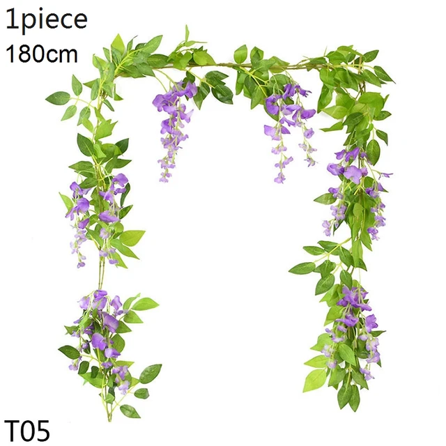 Artificial Flowers Vine Garland Wisteria Silk Artificial Rattan Hanging Flowers Romantic Wedding Arch Decoration Fake Ivy Plants T05-purple-1pcs
