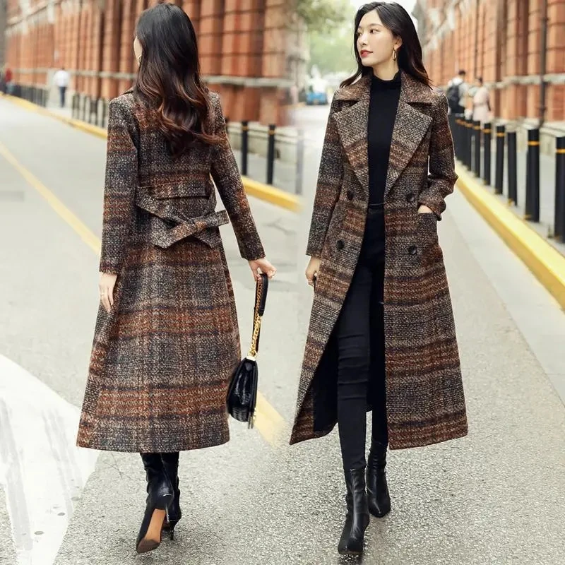 Xadrez de lã casaco feminino longo estilo