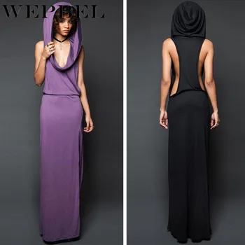 

WEPBEL Women Vintage Slim Hooded Dress Medieval Style Sexy Long Dress Solid Sleeveless Skinny Dress
