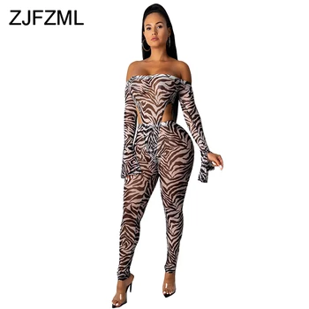 

Leopard Print Sexy 2 Piece Matching Set Women Fall Clothes Off Shoulder Full Sleeve Bodysuit And Mesh See Through Pencil Pants
