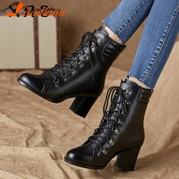 

Karinluna women Boots 2020 New Arrival Casual Round Toe Cross-tied Ankle Boots Autumn Square Thick Heels women shoes
