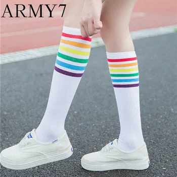 

3 Line Striped Girls Long Knee Socks Women Rainbow Stripe Football Sport Socks Cheerleader Elastic Black White Knee Socks Medias