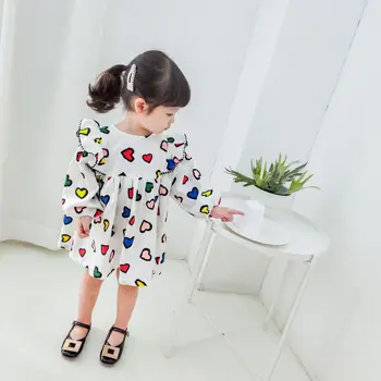 

New Spring Summer 2020 Girls Long Sleeved Dress Children Colorful Love Printing Lace Collar Dress Cute Heart Kids A Line Dress