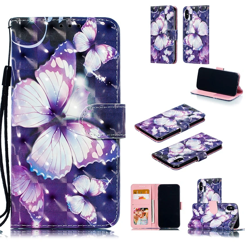Purple butterfly Цветной кожаный чехол с 3D рисунком для Moto G7 power Play P40 E6, чехол-кошелек для G7Play G7 power Z4Play One Vision, чехол с откидной крышкой - Цвет: Purple butterfly