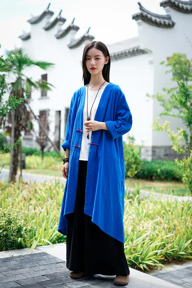 LZJN Spring Cotton Linen Long Trench Coat Chinese Long Windbreaker Women Open Front Cardigan Outerwear Cortavientos Coupe Vent (2)