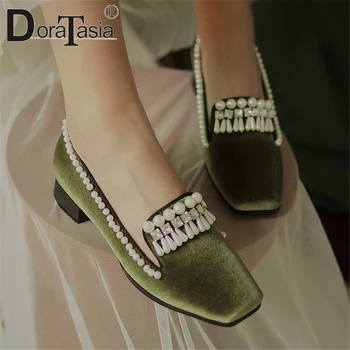 

DORATASIA Office Lady Spring Autumn Pumps Crystal Casual Pumps Women Pearl Square Toe Slip On High Heel Shallow Shoes Woman