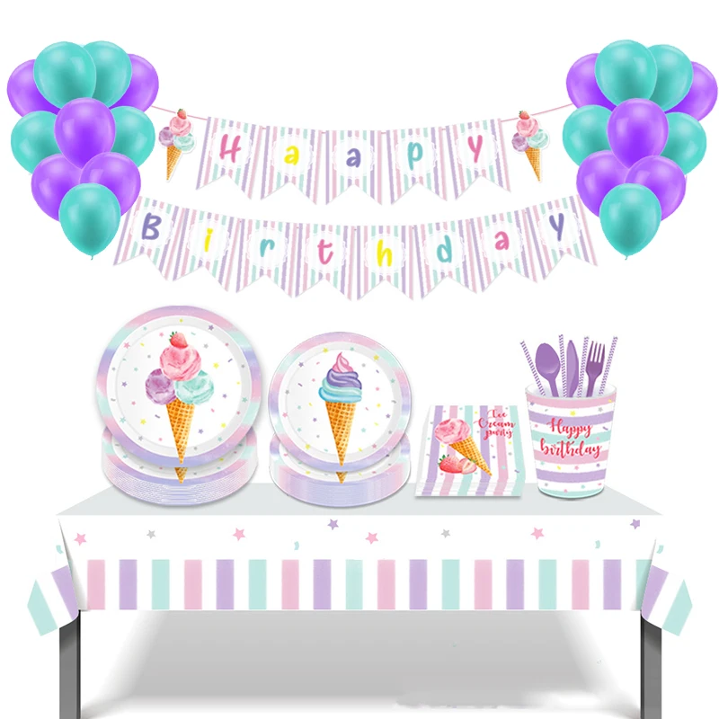 Summer Theme Activities Ice Cream Series Party Decor Disposable Tableware Paper Plates Cups Birthday Baby Shower Gather Supplies