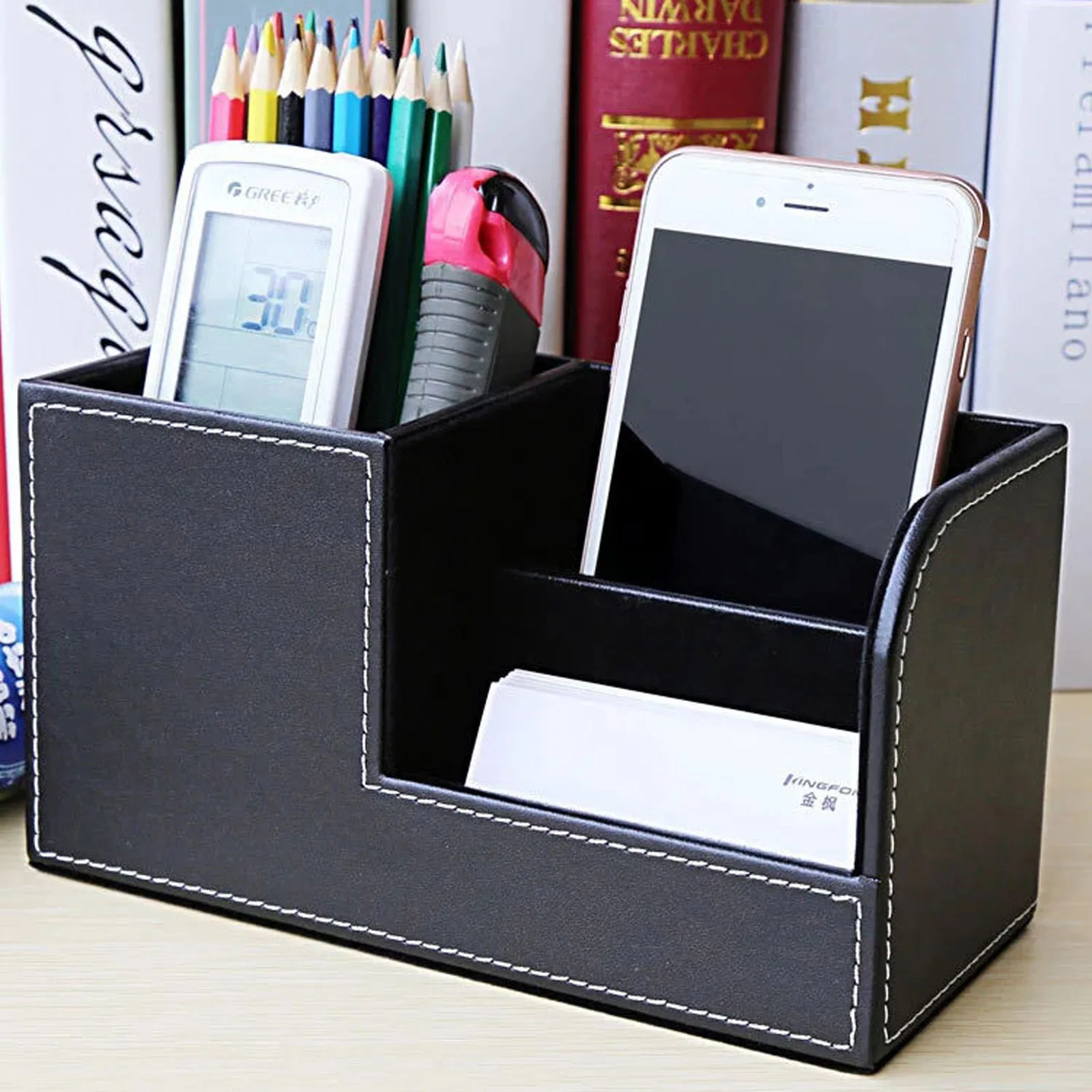 PU Leather Desk Organizer pen holder desktop storage box stationery organizer desktop storage shelf stationery storage box desktop storage kit Pencil Pen Holder Caddy Storage Box 3 Compartments for Home Office School Supplies