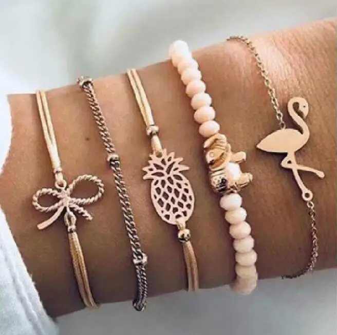 Dropshipping 6 Style Bohemia Pineapple Flamingo Elephant Charm Bracelets Sets For Women Beads Jewelry Gifts | Украшения и