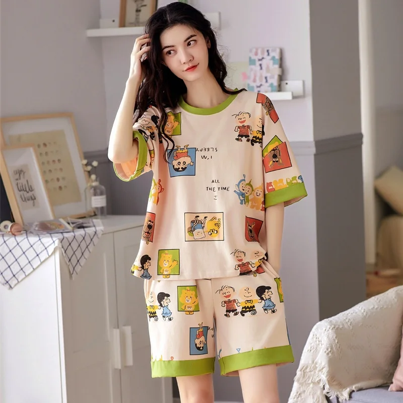 

Pajamas Women's Summer Homewear Set Short Sleeve Sweet Cute Cartoon Casual Round Neck Cotton Knitted 100