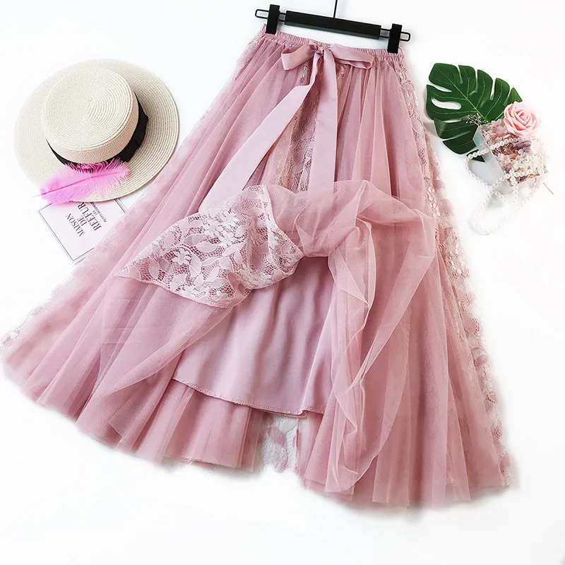 Zuolunouba Europe Preppy Style Women Skirts Lace Patchwork Ball Gown Bow Elastic Waist Mesh Long Skirt Blue Japanese Style denim skirts for women