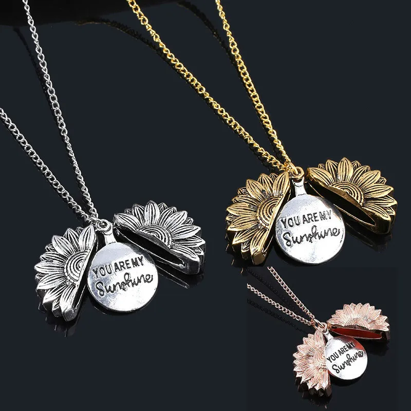 

2019 Women Necklace Custom You Are My Sunshine Open Locket Sunflower Double-layer Lettering Necklace Short Clavicle Chain