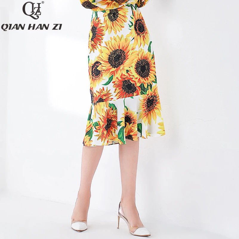 

Qian Han Zi newest Retro sunflower print skirt female 2019 designer slim high waist skirt ladies elegant mermaid skirt