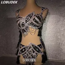 Черные полные стразы бикини с бахромой с кисточками Сексуальная женская певица Дэйн командная одежда для выступлений DJ подиум для моделей бюстгальтер шорты комплект