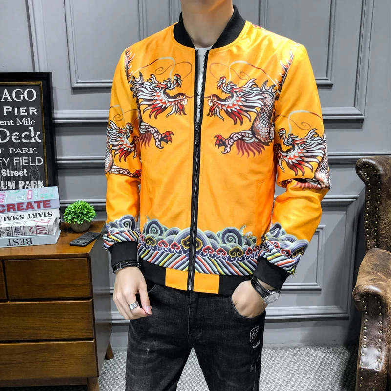 

Men Floral Jacket Autumn Dragon Print Vintage Jacket Coat Mens Jackets Streetwear Chinese Style Bomber Jacket Men Clothing
