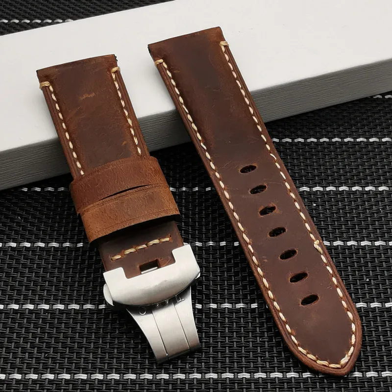 Brown 1 strap 24 мм итальянский ремешок из натуральной кожи для Panerai ремешок для PAM441 Браслет Бабочка Пряжка ремешок для часов логотип на - Цвет ремешка: Brown 1 strap