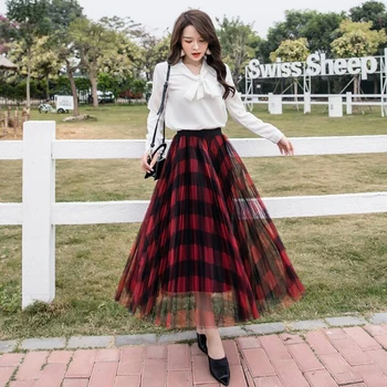 

2020 Large size Women Mesh Tulle Skirts Fashion Elastic High Waist Mesh Skirt Long Skirts Midi Skirt Saias Faldas Jupe Femmle