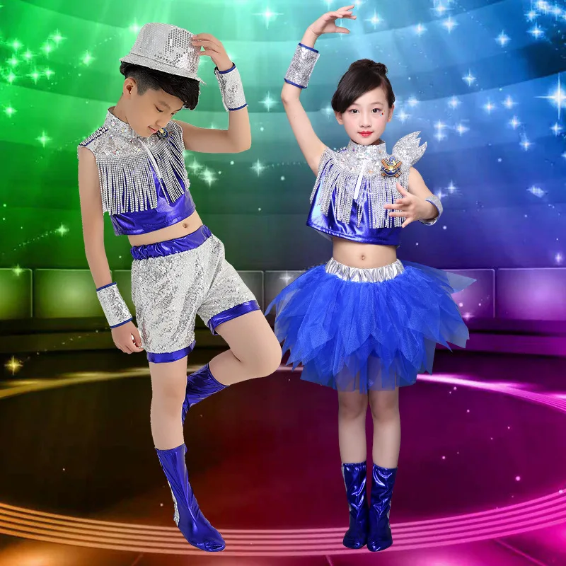 Kids jazz Dance Costumes For Kids Blue Modern Dance Costumes Hip Hop Costume For Kids Cirls Sequins Tassels Stage Costume  (5)