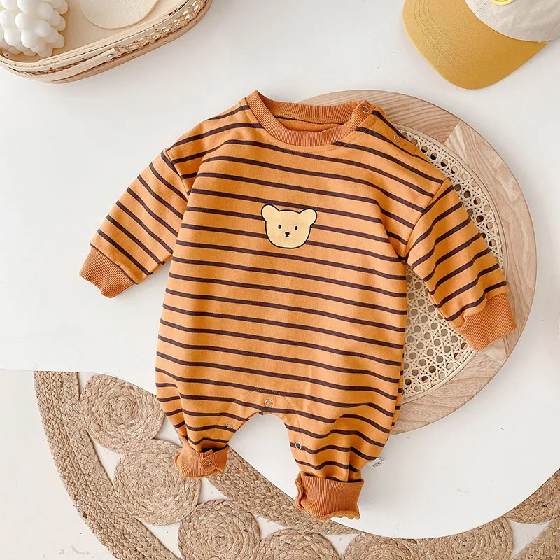 Autumn Baby Rompers Cartoon Bear Striped Jumpsuit