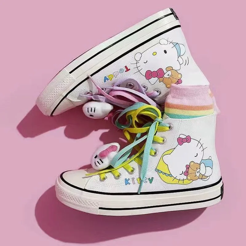 Women's Canvas Shoes High-top Flat Hand-painted Couple Student Sneakers Hello Kittyed for Women | Обувь